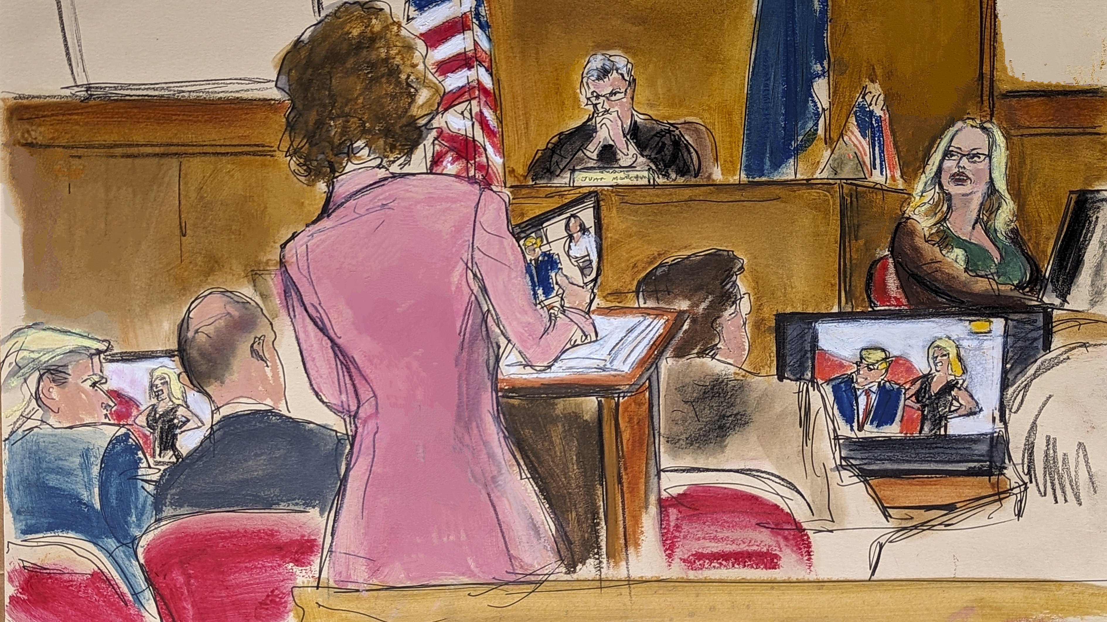 Defense attorney Susan Necheles, centre, cross examines Stormy Daniels, far right, as former President Donald Trump, far left, and his attorney Emil Bove look on in Manhattan criminal court. Illustration / Elizabeth Williams via AP