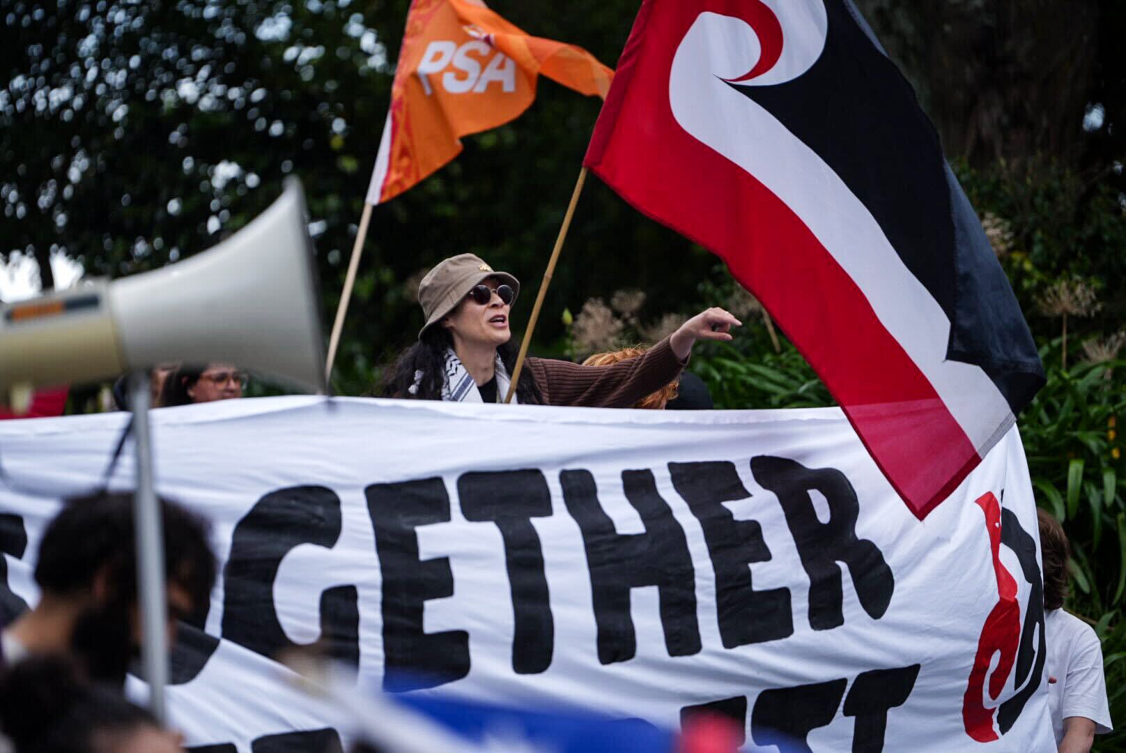 Protesters outside the ACT offices in Epsom on the day the Treaty Principles Bill was introduced. Photo / Carson Bluck