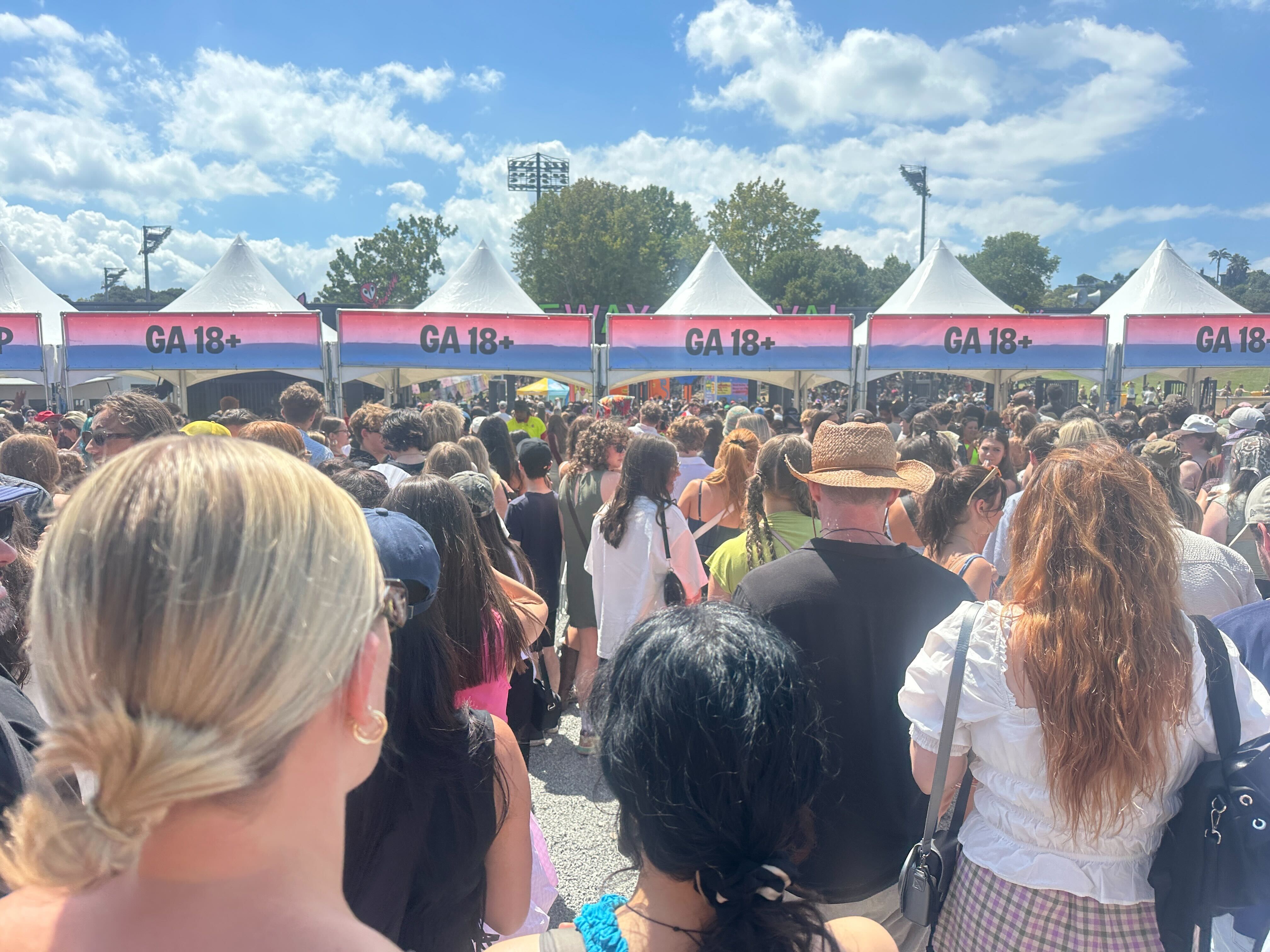 Concert-goers at Auckland’s Laneway Festival face long queues to get into the venue at Western Springs due to a ticket glitch. Photo / Bonnie Jansen
