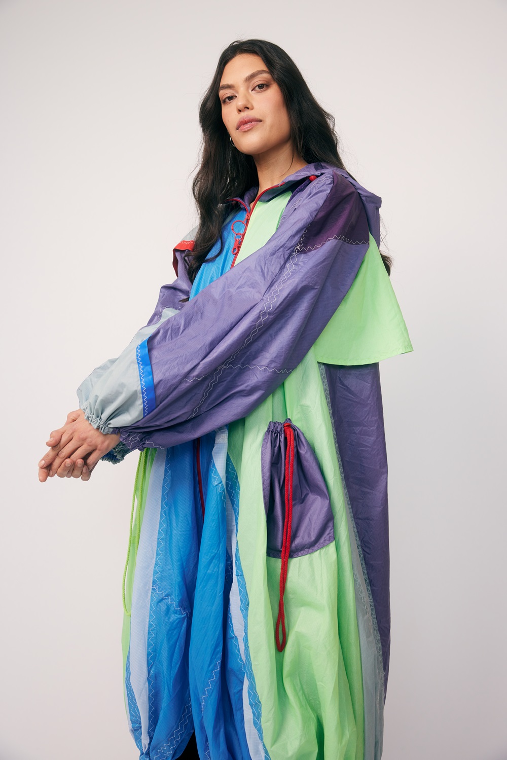 Sue Prescott won the Award for Material Innovation for her design 'Southerly Change' which utilised sail-cloth waste, locally sourced from Wellington. Photo / Apela Bell.