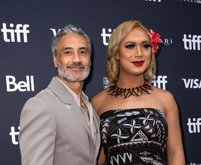Director Taika Waititi and Jaiyah Saelua, the world's first transgender international footballer ever, at the Princess of Wales Theatre during the Toronto International Film Festival. Photo / AP
