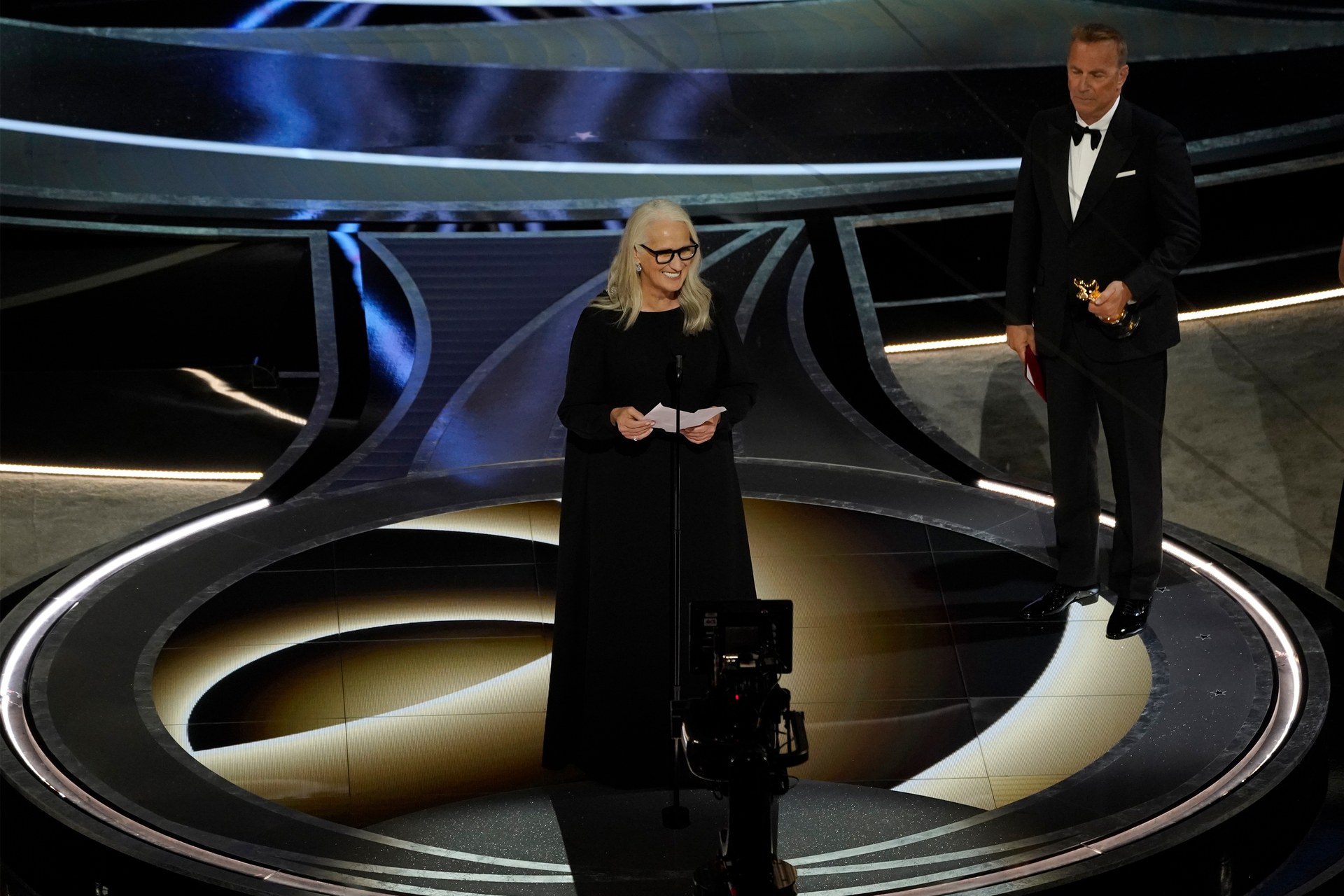 Jane Campion, centre, accepts the award for Best Director for The Power of the Dog at the Oscars. Photo / AP