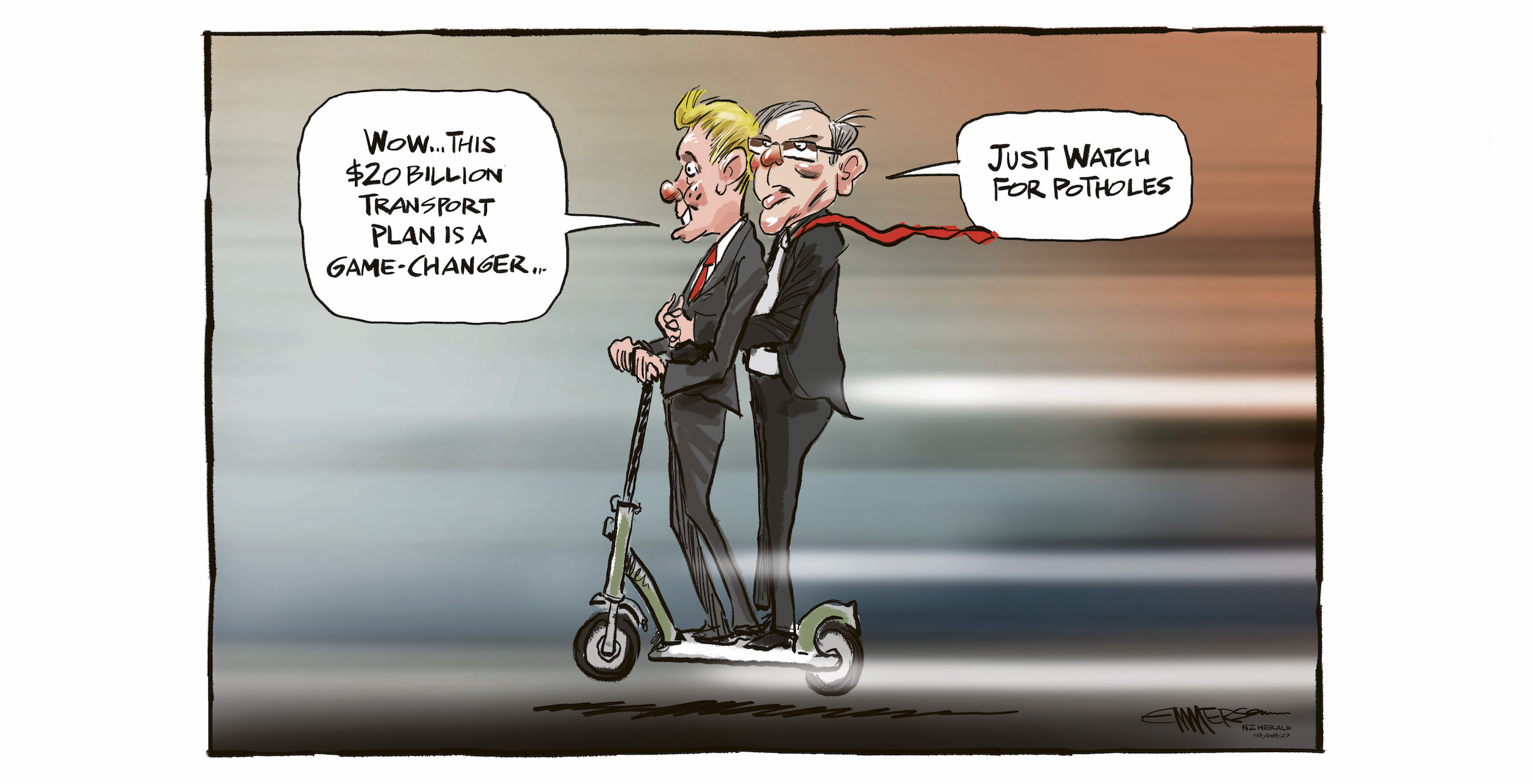 PM Chris Hipkins and Transport Minister David Parker announced a $20b transport plan for NZ... but is it all they say it is? Illustration / Rod Emmerson