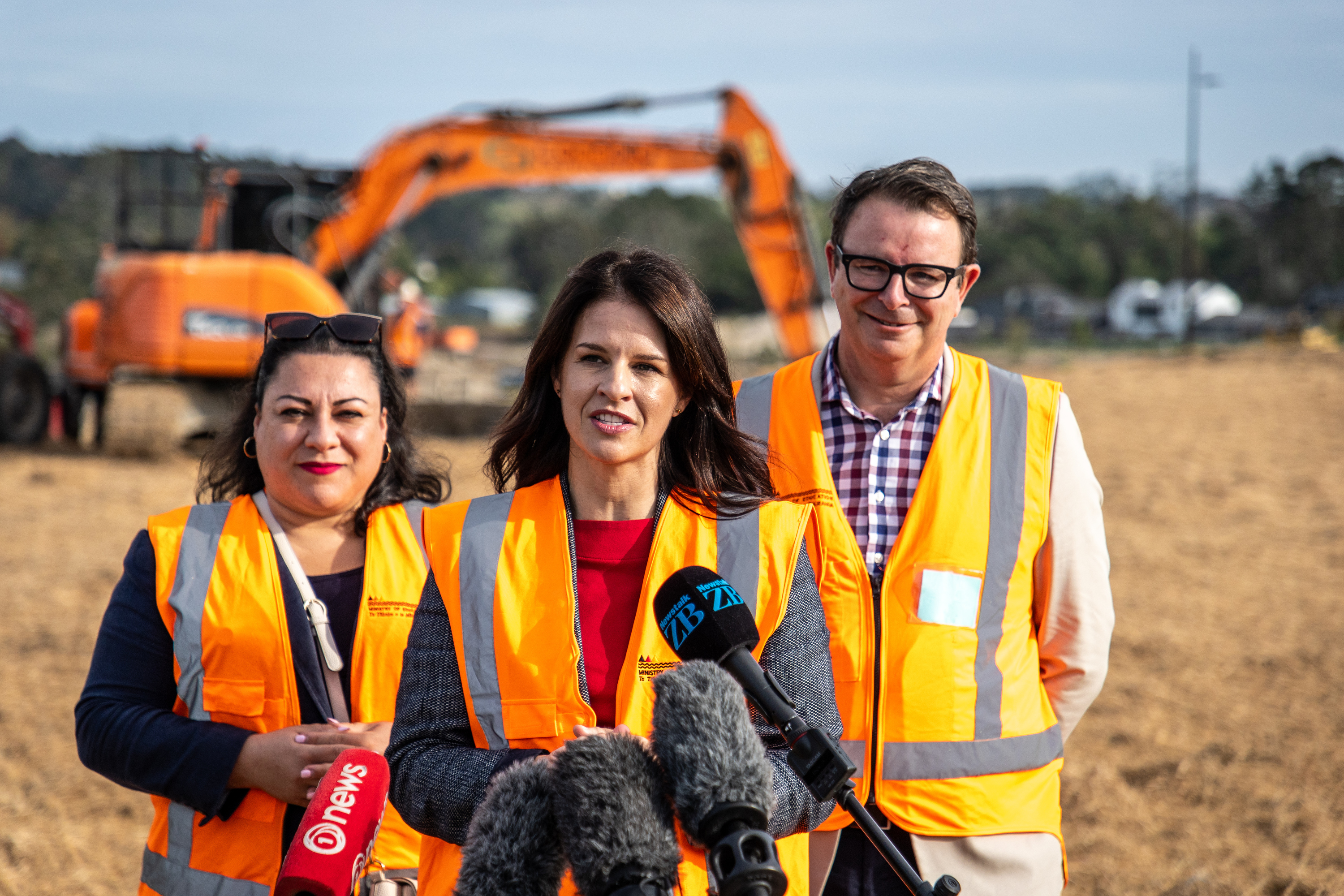 Erica Stanford making an Education announcement in Westgate earlier this month with MPs Rima Nakhle, left, and Cameron Brewer. Photo / Michael Craig.
