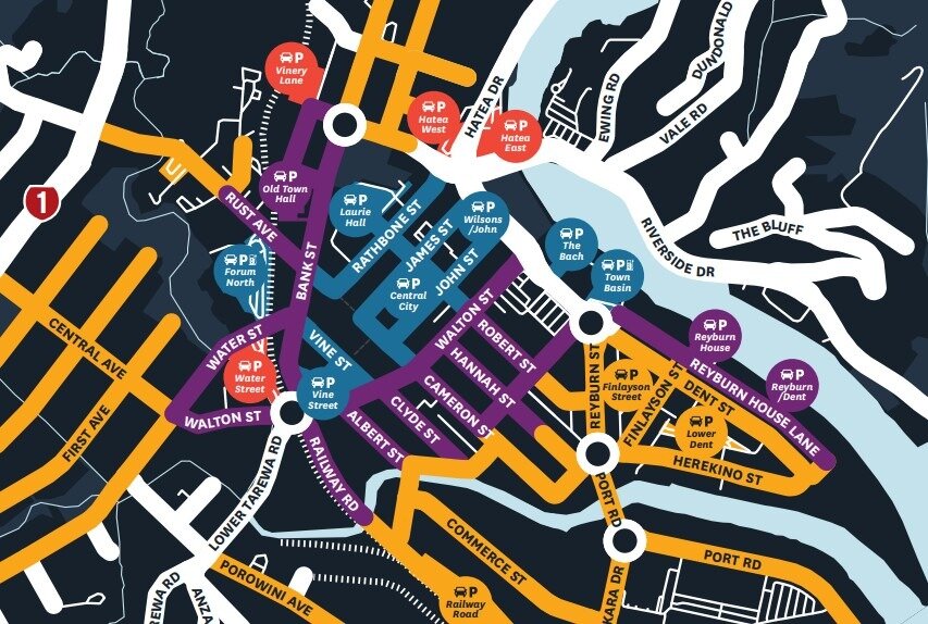 Whangārei District Council's proposal includes making the blue zone $4 an hour, the purple zone $2 an hour, the red zone 50c an hour up to $5 a day and free for remaining streets, with time restrictions in the yellow areas.