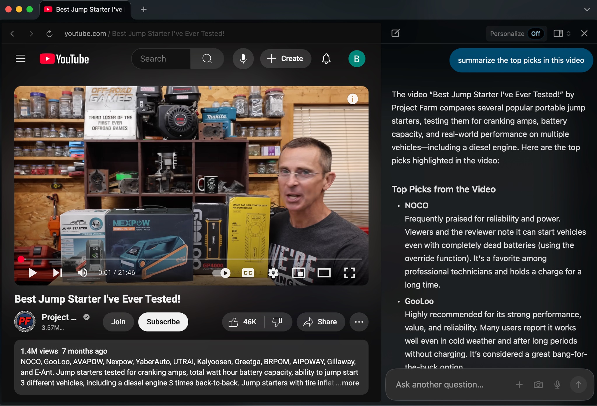 The Browser Company's AI-powered web browser, Dia, being used to summarise a 20-minute YouTube video in which several products were compared. Image / New York Times