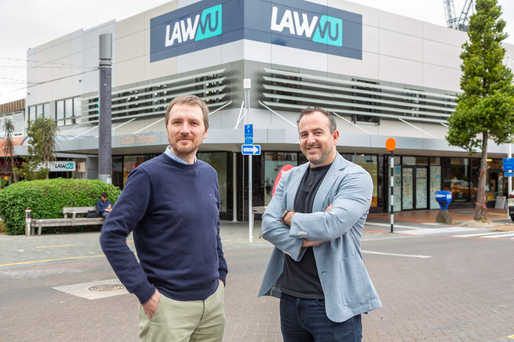 ClauseBase co-founder and chief exective Maarten Truyens with LawVu co-founder and chief executive Sam Kidd outside LawVu's Tauranga HQ.