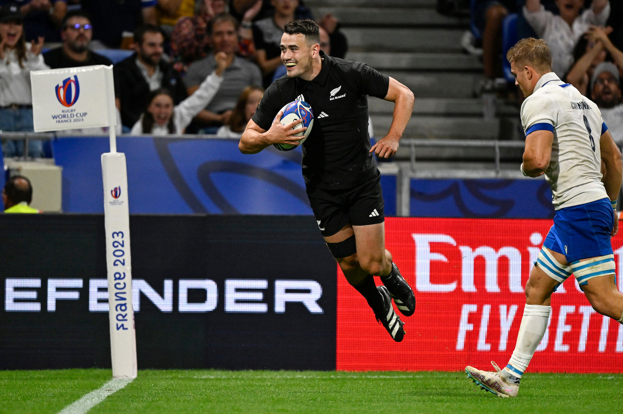 All Blacks winger Will Jordan celebrates scoring a try. Photo / Photosport