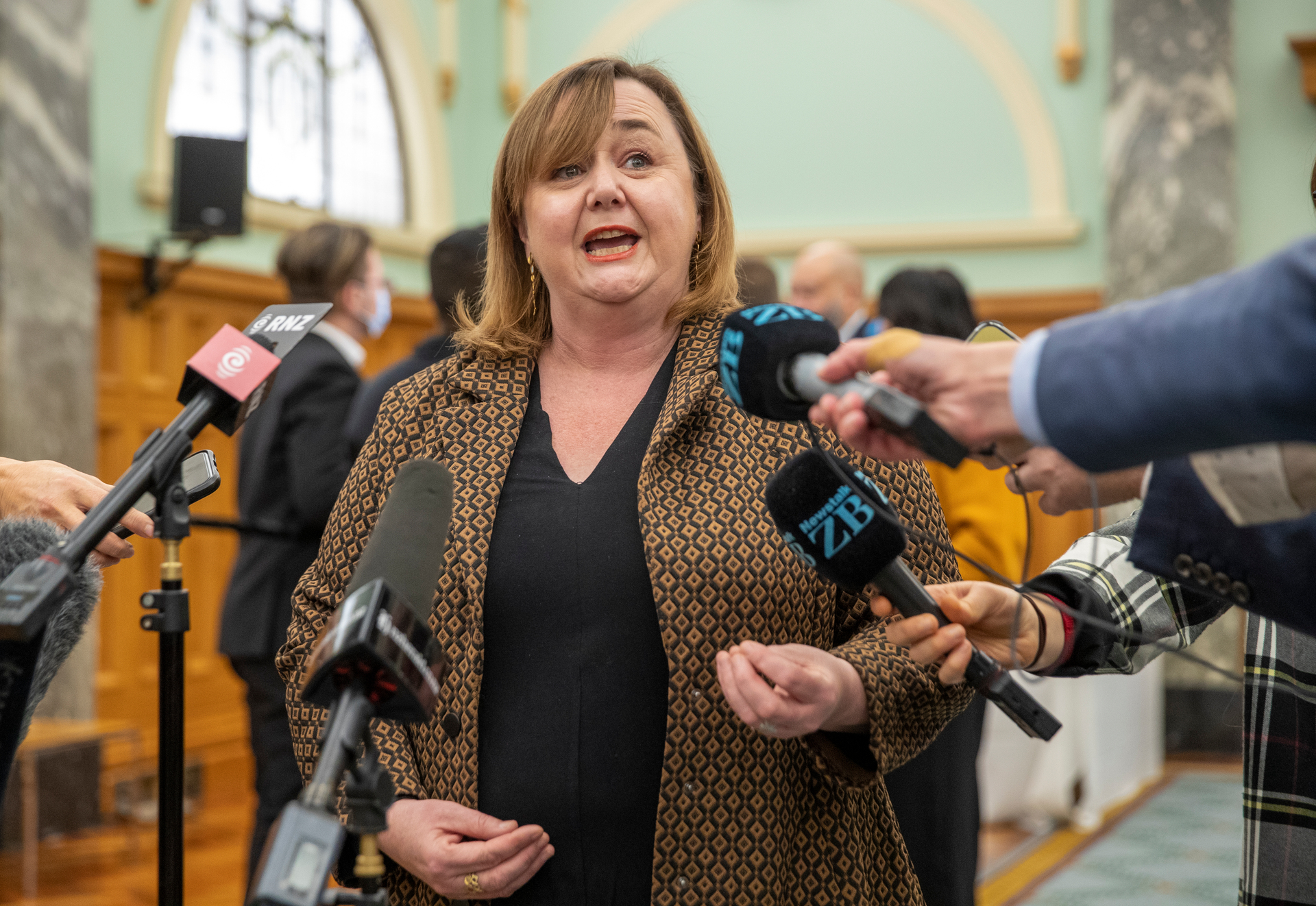 Housing, Building and Construction Minister Megan Woods during a standup before Question Time, Parliament, Wellington. Photo / Mark Mitchell