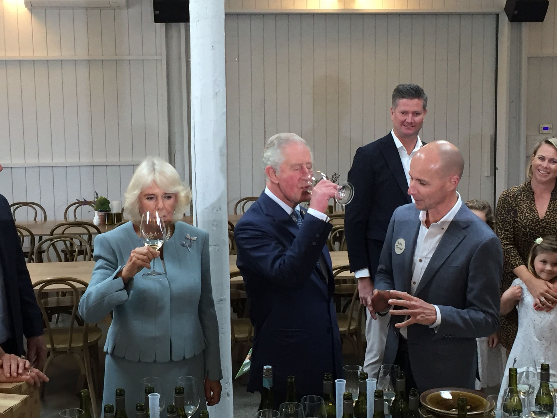 Charles and Camilla sample the wares at Hunting Lodge Winery. Photo / Luke Kirkness 