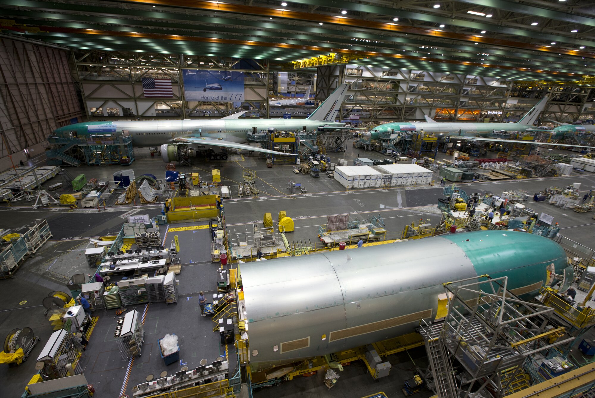 A Boeing 777  production assembly line at the Boeing factory in Everett, near Seattle. Boeing had planned to deliver about 50 aircraft to China this year, but that has now been halted. Photo / Brett Phibbs