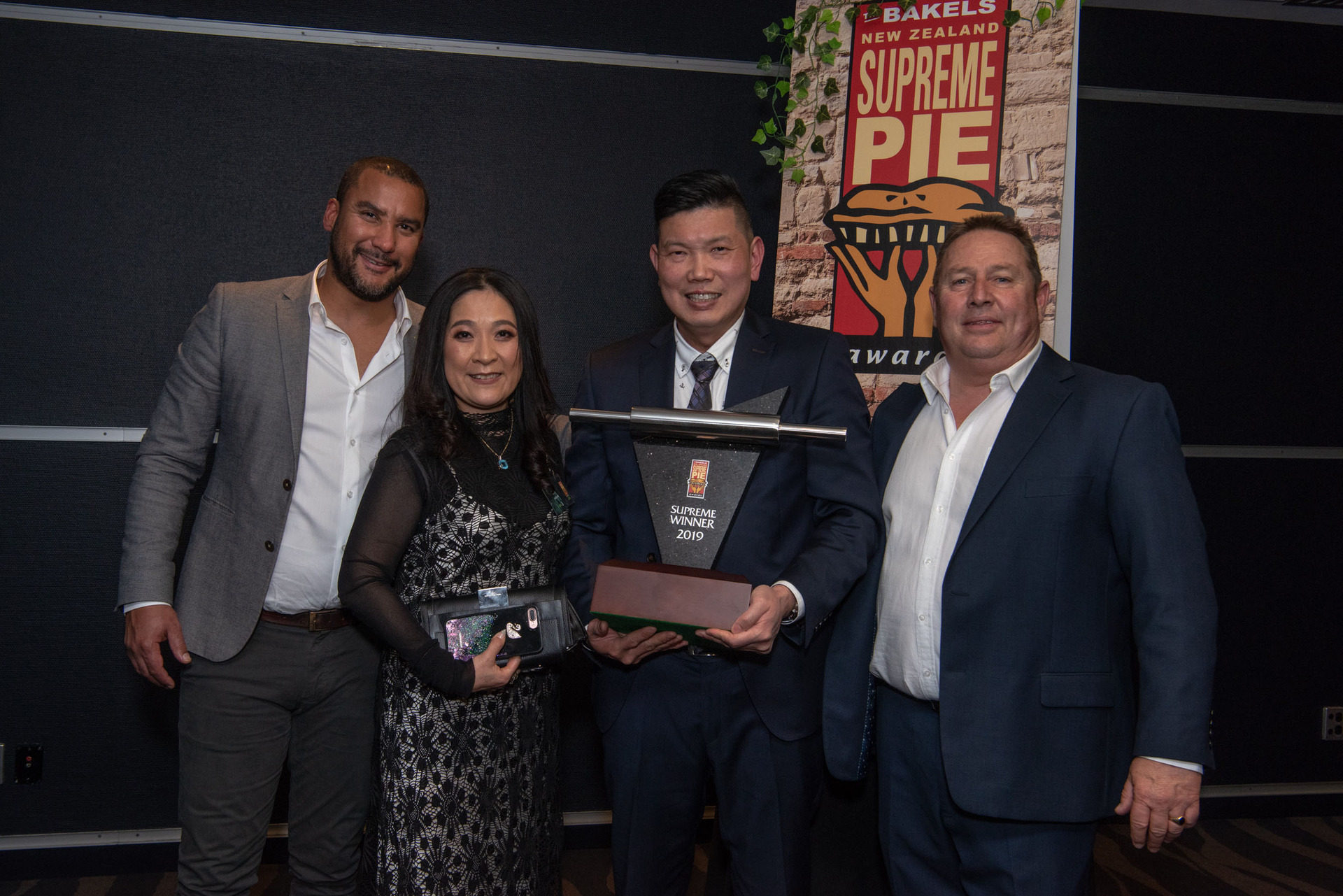 Supreme Mince and Cheese: Celebrity chef Gareth Stewart, Lay Phan Ho, Patrick Lam and NZ Bakels managing director Brent Kersel. Photo / File