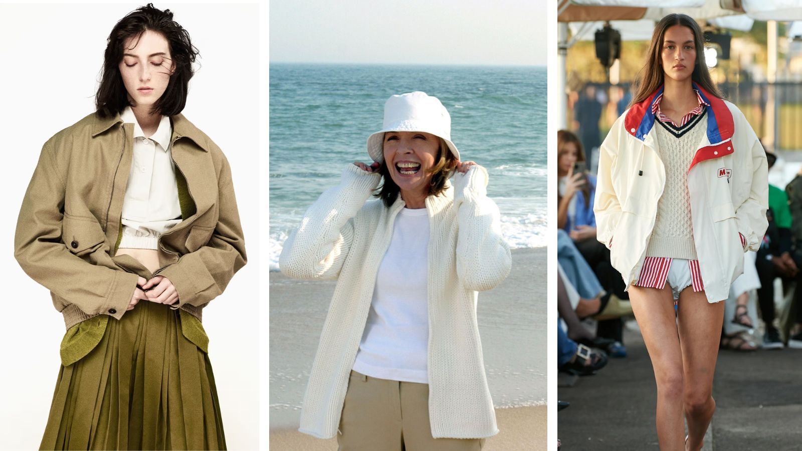 Left to right: Margaret Howell spring/summer 2023, Diane Keaton in ‘Something’s Gotta Give’ (2003), Maggie Marilyn at Sydney Fashion Week 2023.