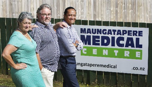 Nurse Liz Denton, Dr Jim Schimanski and office administrator Tana Iosefa outside the new Maungatapere Medical Centre. Photo / Tania Whyte