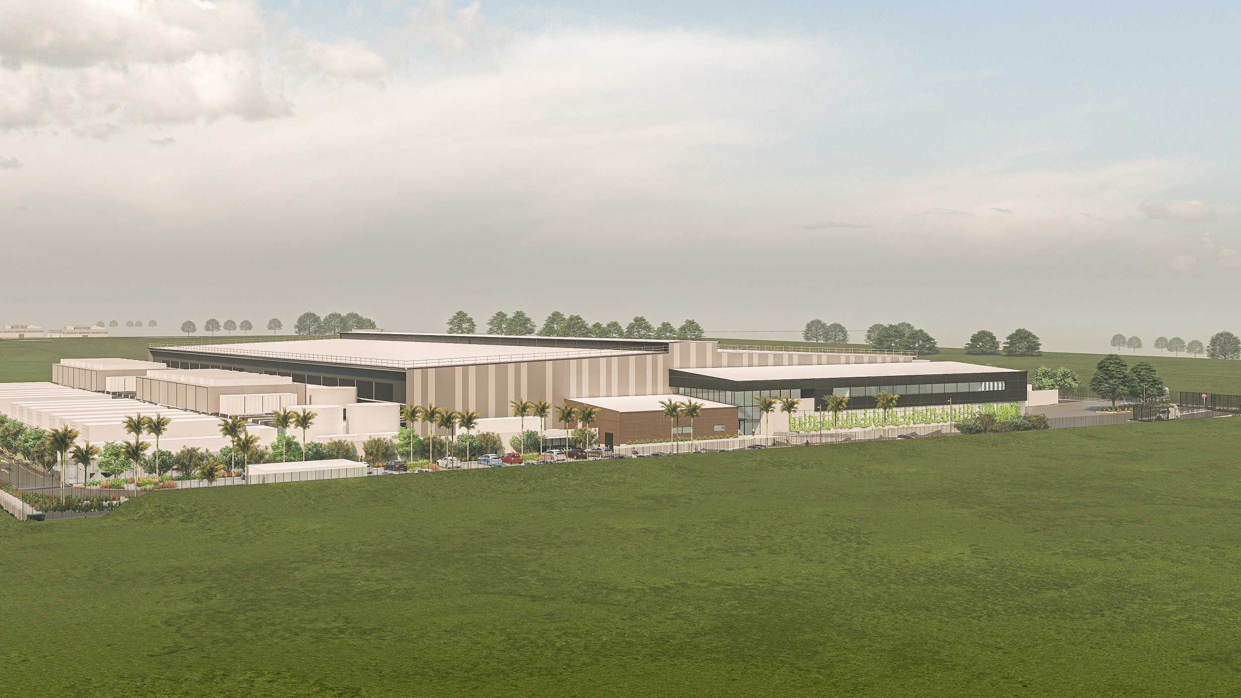 Artist impression of the 40MW data centre Spark will build on the Dairy Flat Surf Park development. The 10MW first stage will take about 18 months to construct. Image / Spark