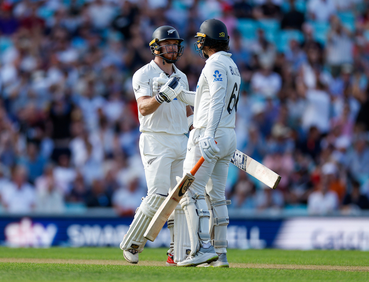 Glenn Phillips celebrates Tom Blundell's half-century on day one of the second test between the Black Caps and England. Photo / Photosport