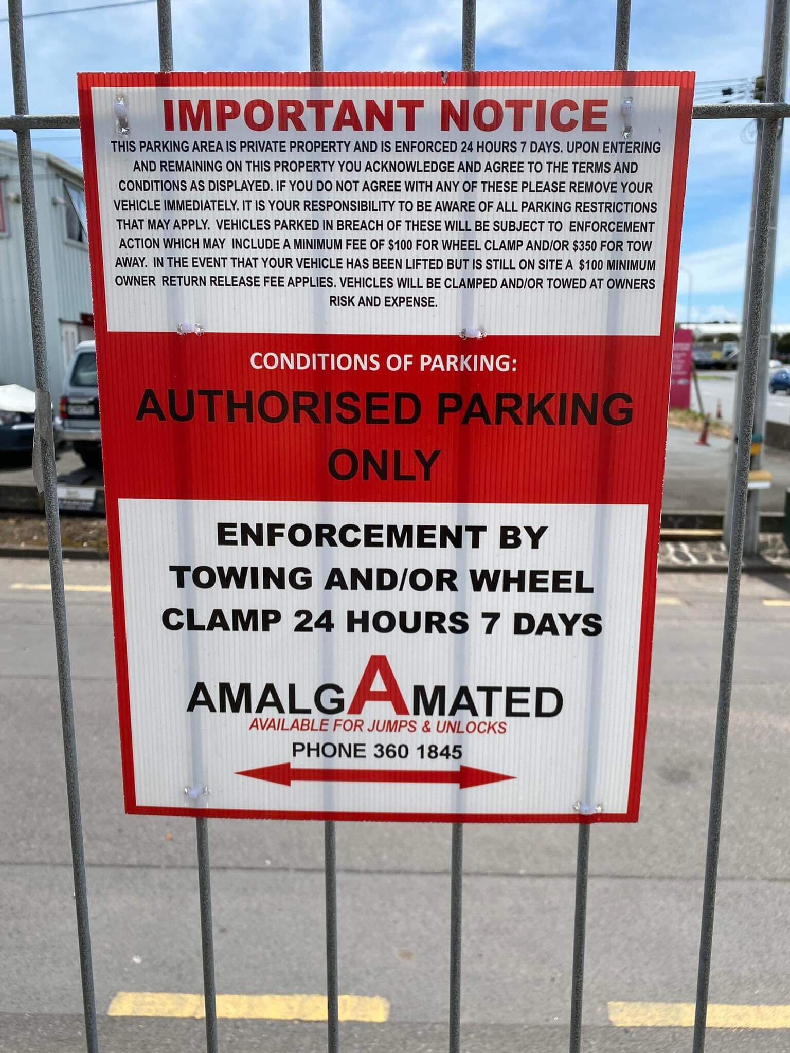 Amalgamated Car Parking Services enforcement message at the Neilson St car park.