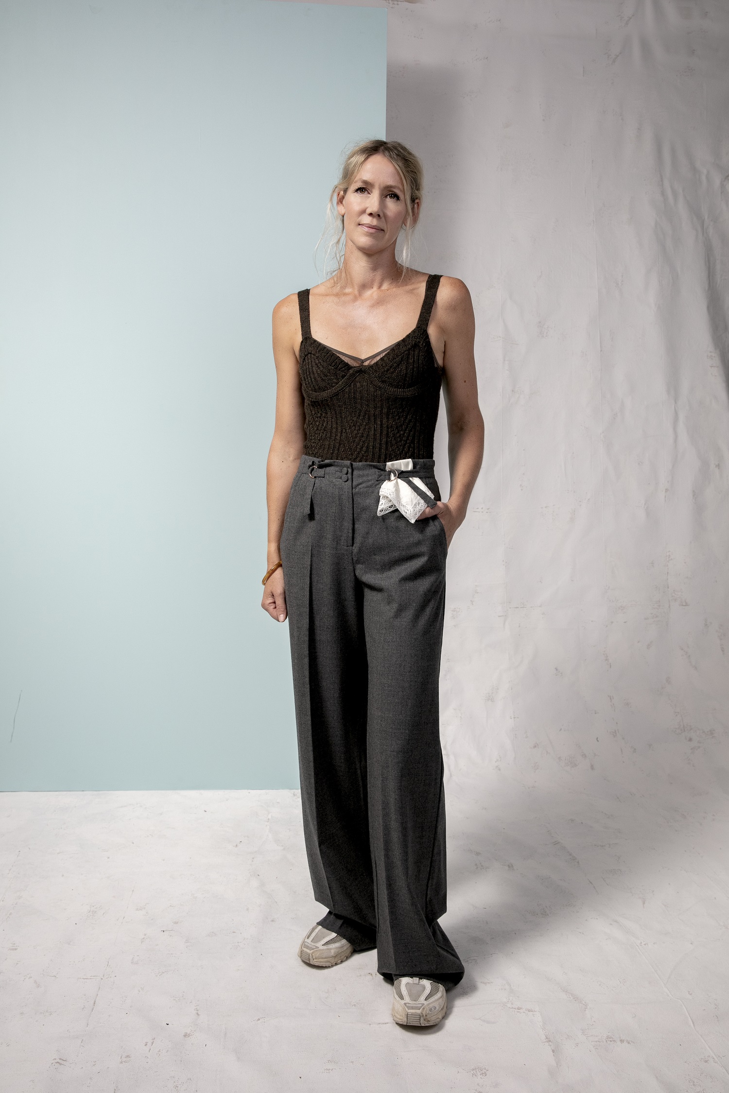 Ingrid Starnes wears knit top and trousers from Stop your Sobbing autumn/winter 2005. Photo / Babiche Martens
