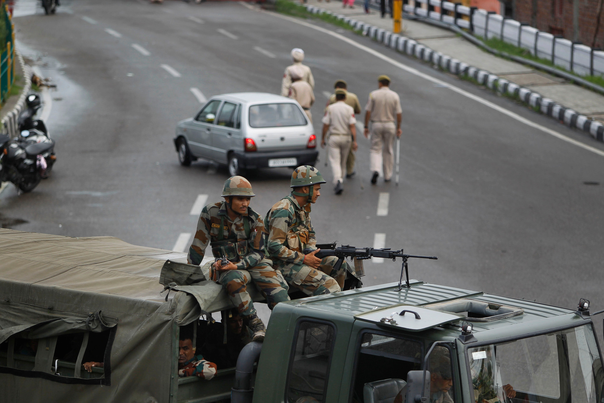 Indian army soldiers guard during restrictions in Jammu, India. Photo / AP