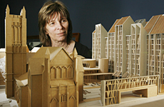 Former city missioner Diane Robertson with the Stevens Lawson model of the winning design, with St Matthew's in the foreground. Photo / Greg Bowker