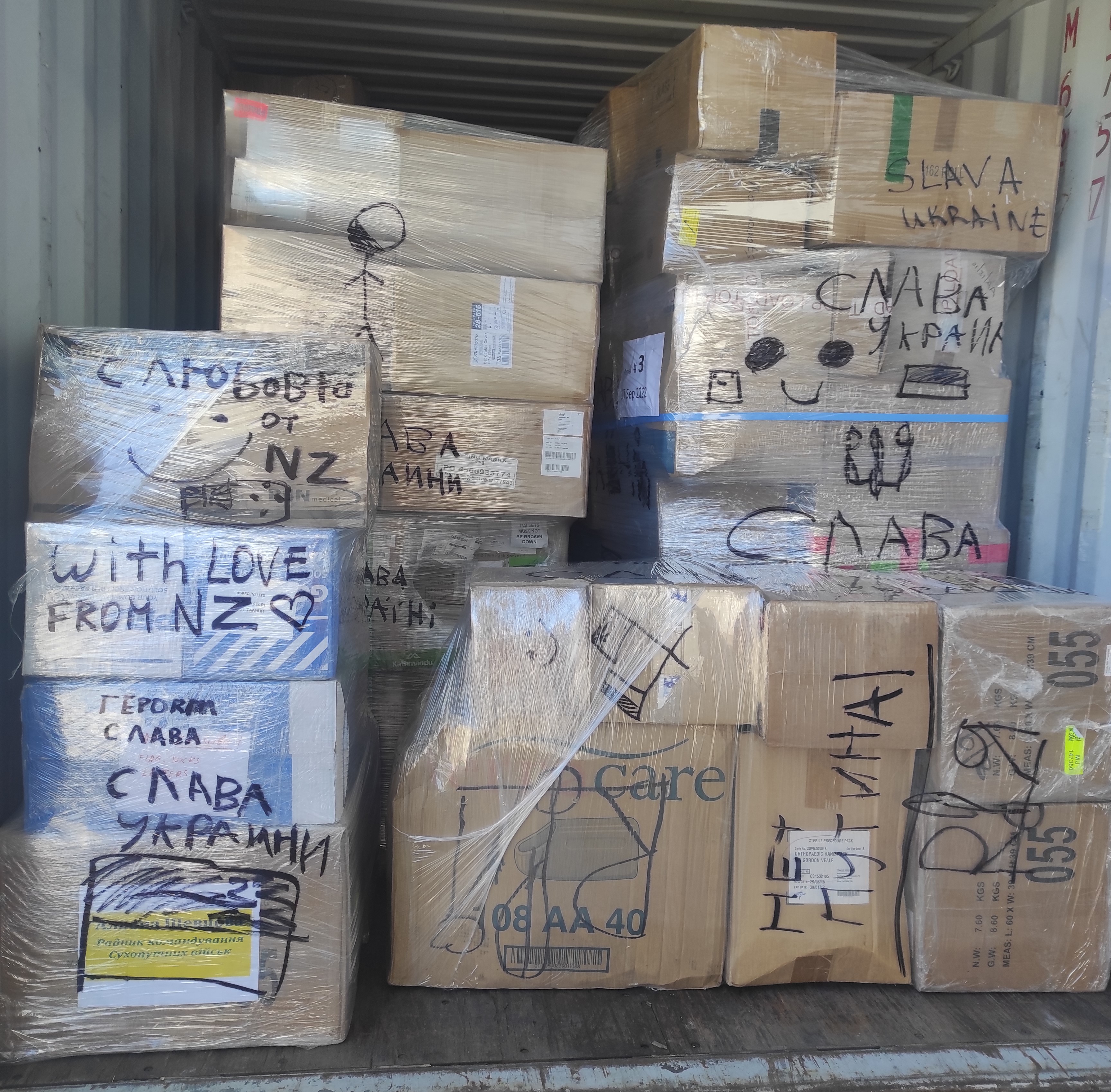 Loaded boxes with messages of support for Ukraine. Photo: supplied.