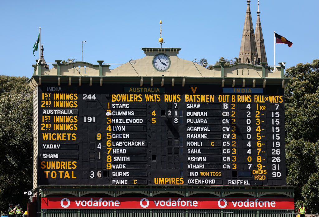 A general view of the old scoreboard at the end of the Indian second innings. Photo / Getty