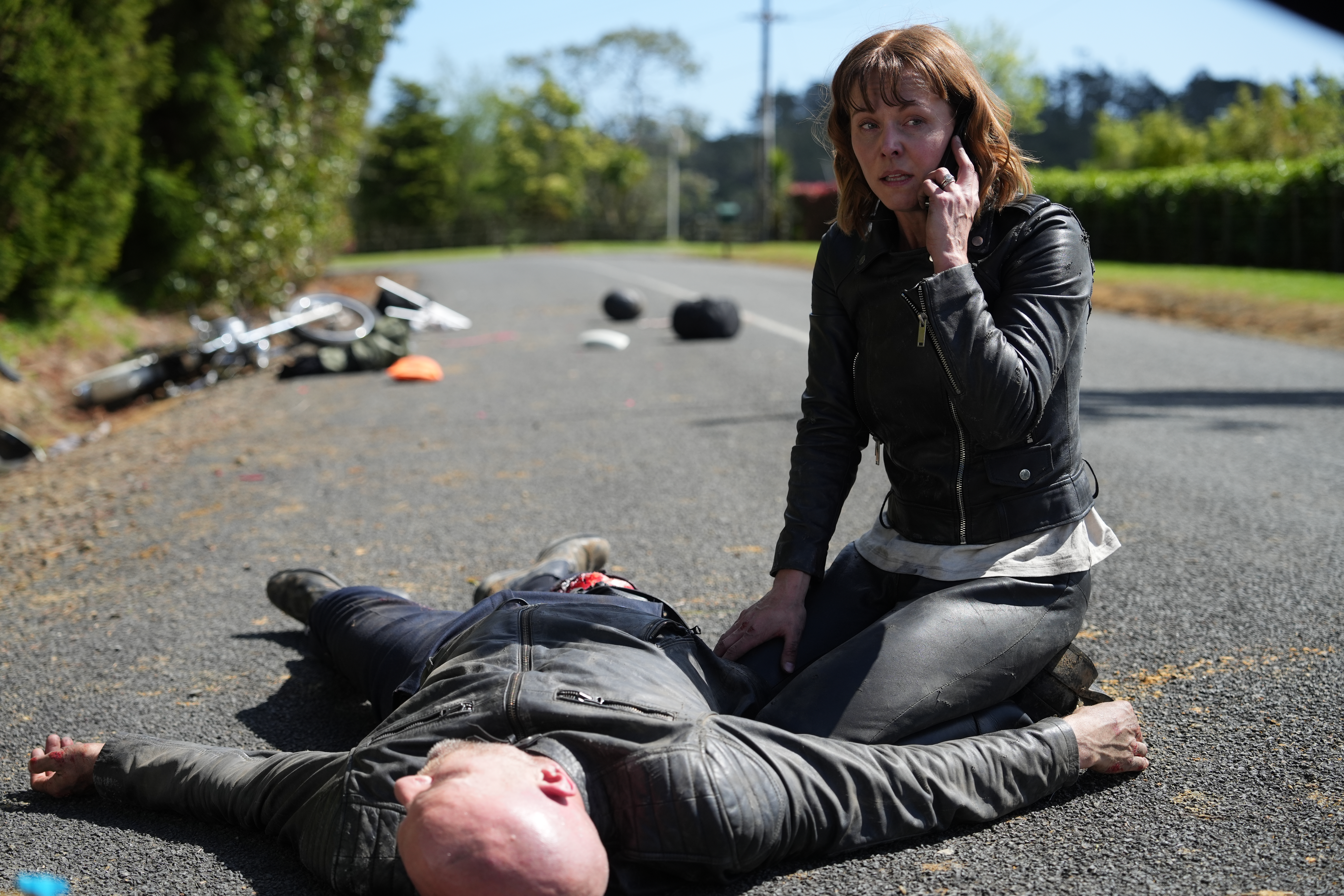 Harper (Ria Vandervis) tends to husband Drew (Ben Barrington) after a motorbike accident. Photo / South Pacific Pictures