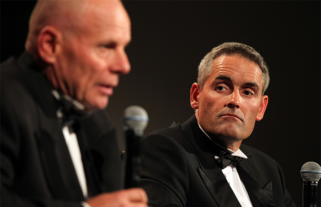 Grant Dalton and Russell Coutts during a fundraiser in Auckland in 2013. Photo / Photosport
