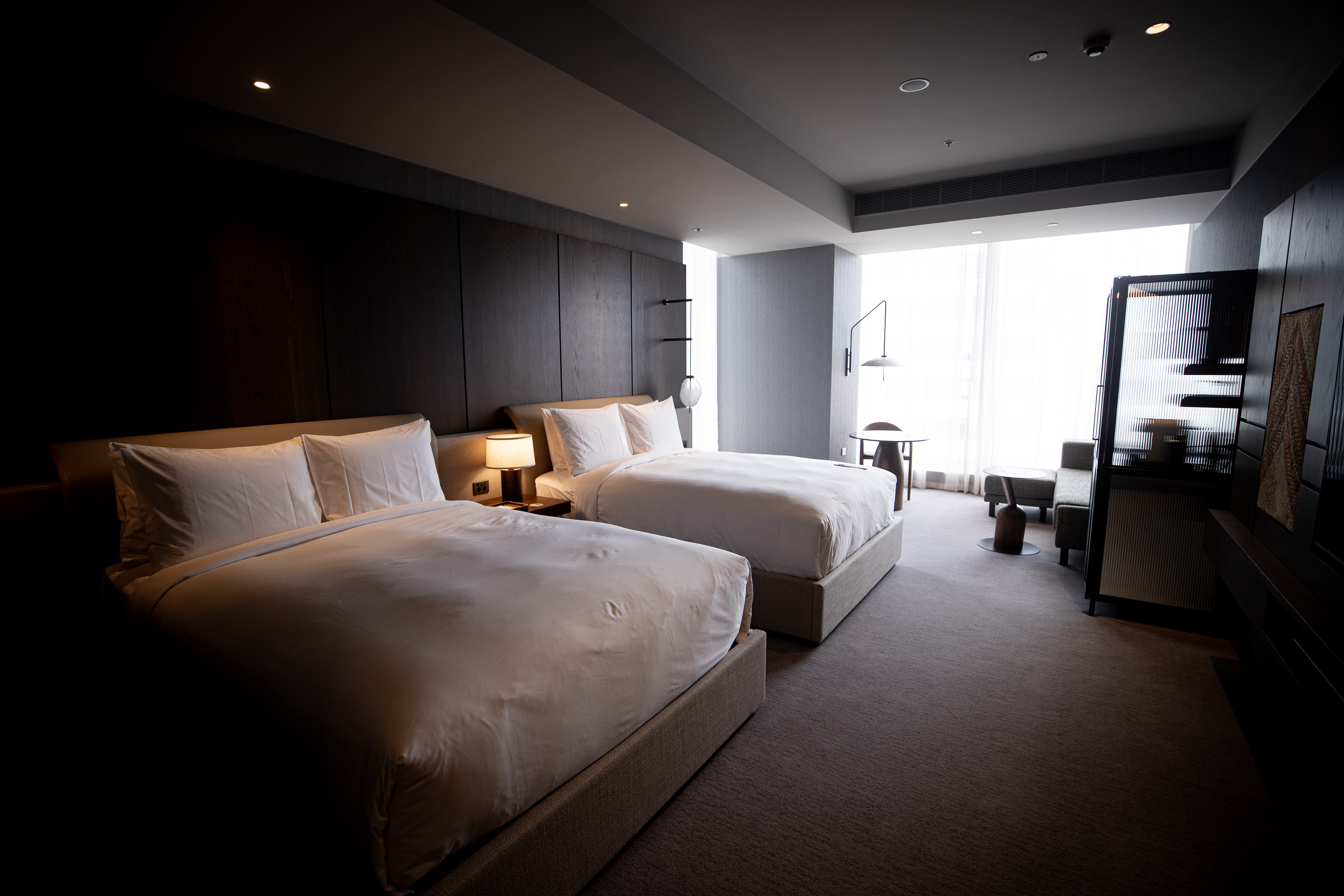 Inside one of the luxurious rooms at the InterContinental Auckland. Tardis-like minibar far right. Photo / Dean Purcell