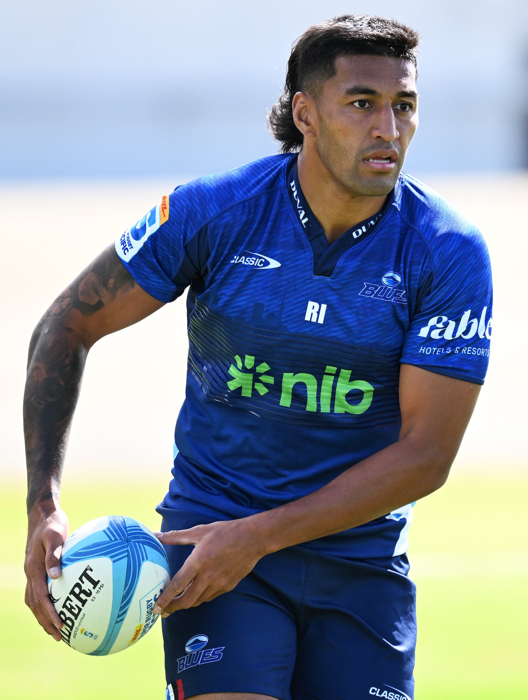 Blues player Rieko Ioane pictured at a training session wearing a shirt sporting Du Val's name on the collar. Photo / Andrew Cornaga, Photosport