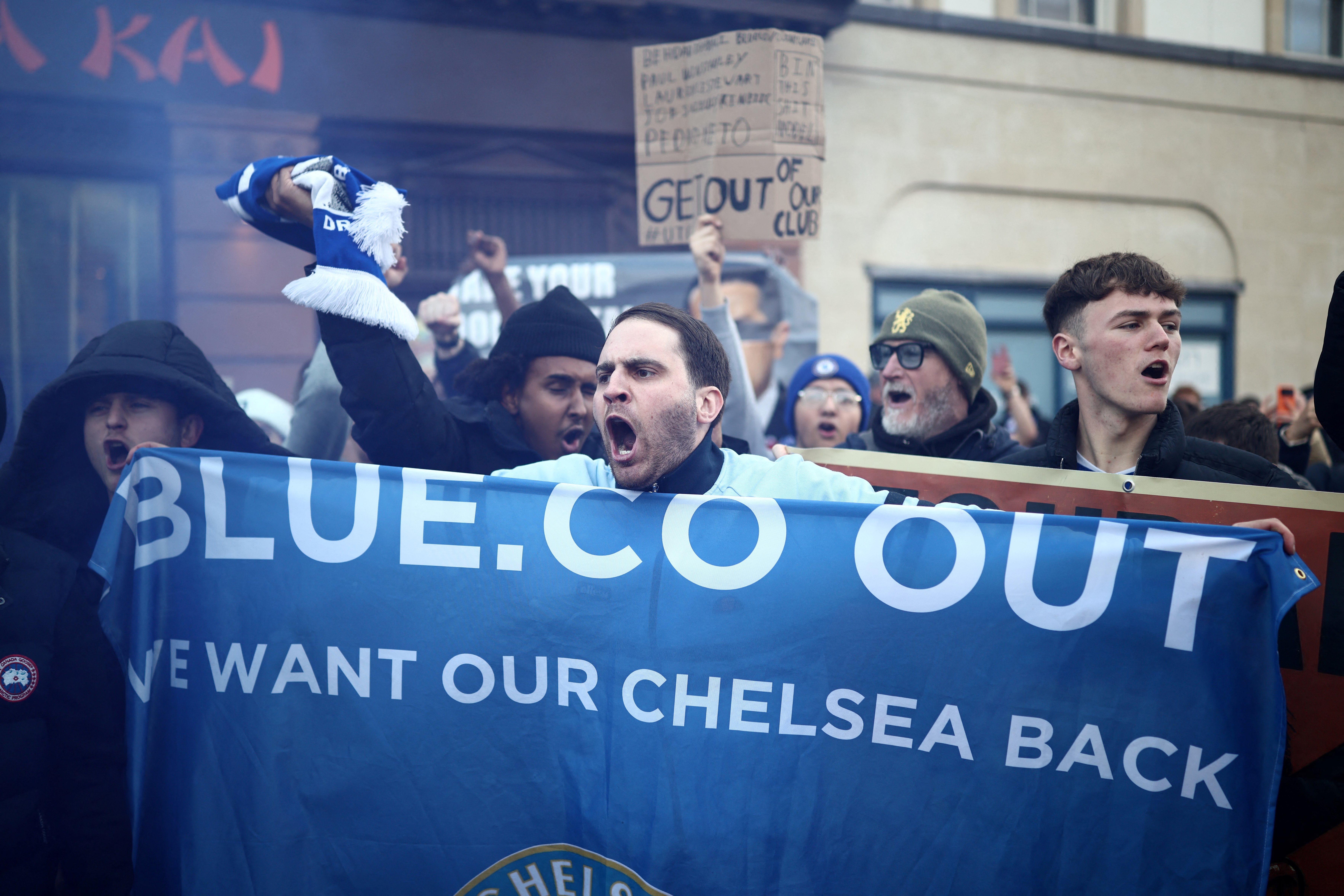 Chelsea fans hold a protest against Behdad Eghbali and Clearlake Capital outside the ground before the English Premier League football match against Brentford at Stamford Bridge in London in January. The Premier League is the envy of the world for its revenue-generating power, yet clubs lost nearly US$1 billion last season as the pursuit of on-field success trumped financial security. Chelsea set an unwanted record by posting a Premier League record pre-tax loss of £262 million for the year ending June 30, 2025. Photo / Henry Nicholls, AFP
