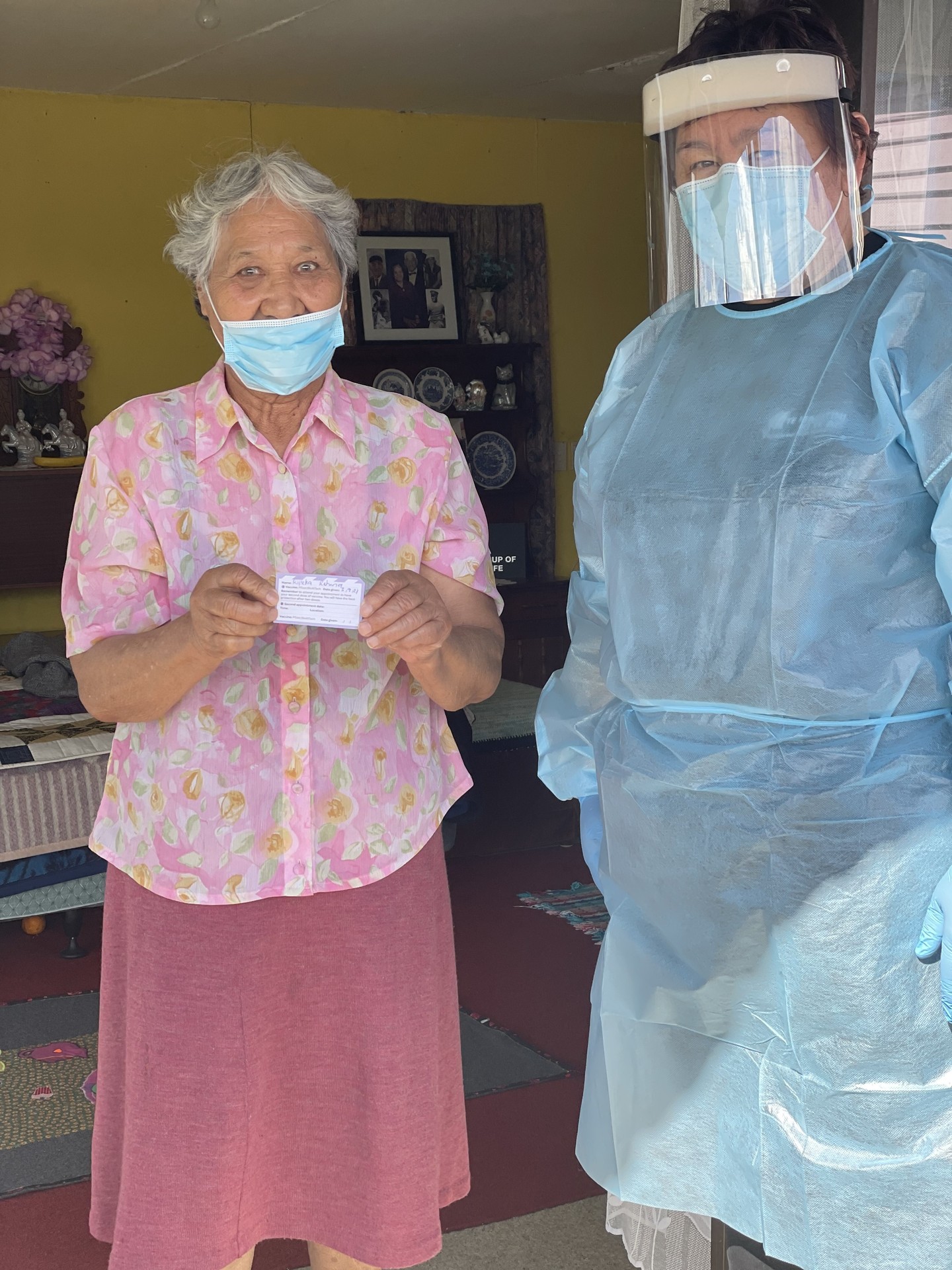 Kuia Ripeka Rehana didn't have to arrange transport into town for her jab - Te Hau Ora O Ngāpuhi nurse Gdynia King came to her. Photo / supplied