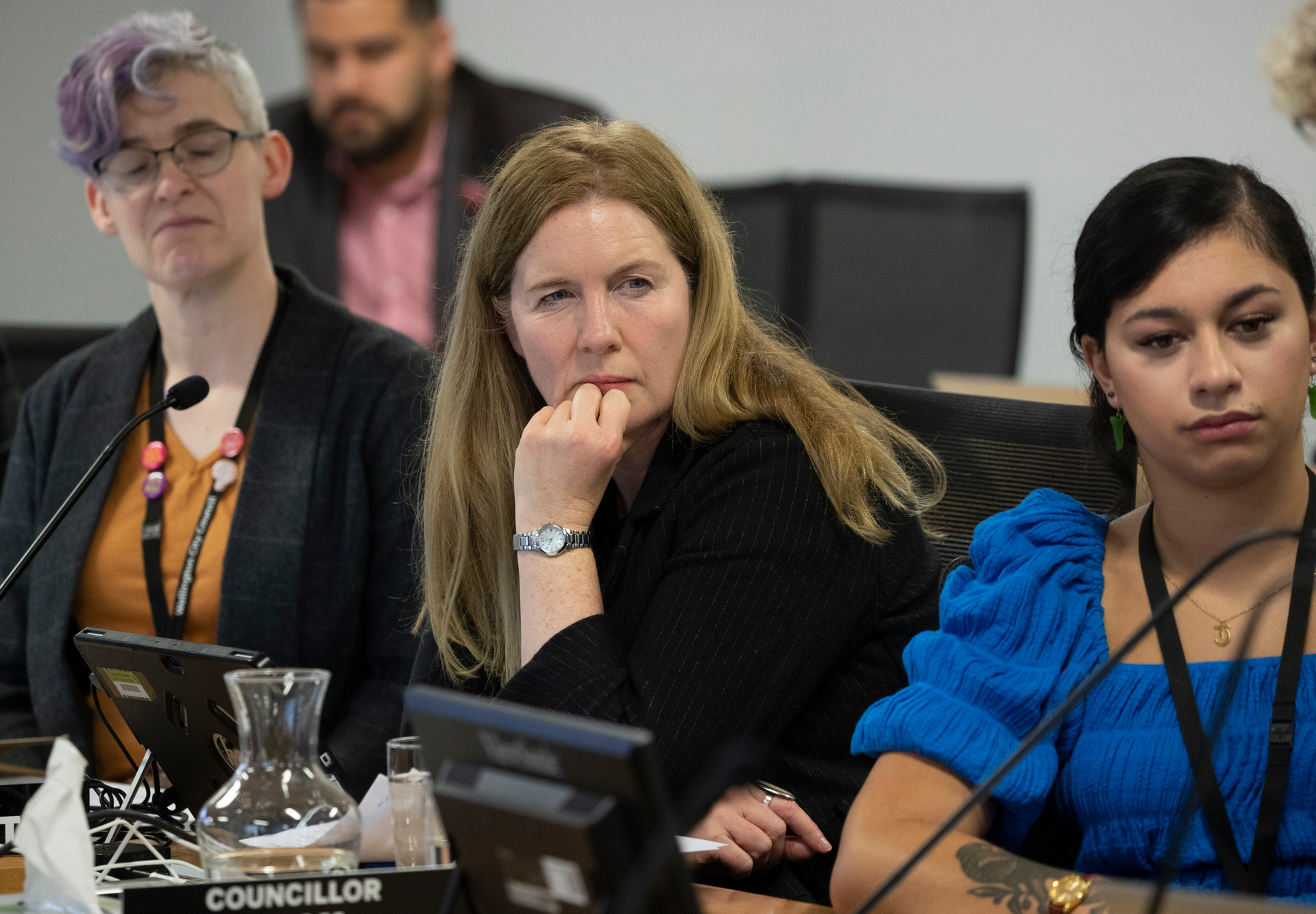 Wellington City councillor Iona Pannett, flanked by councillors Jenny Condie (left) and Tamatha Paul. Photo / Mark Mitchell 