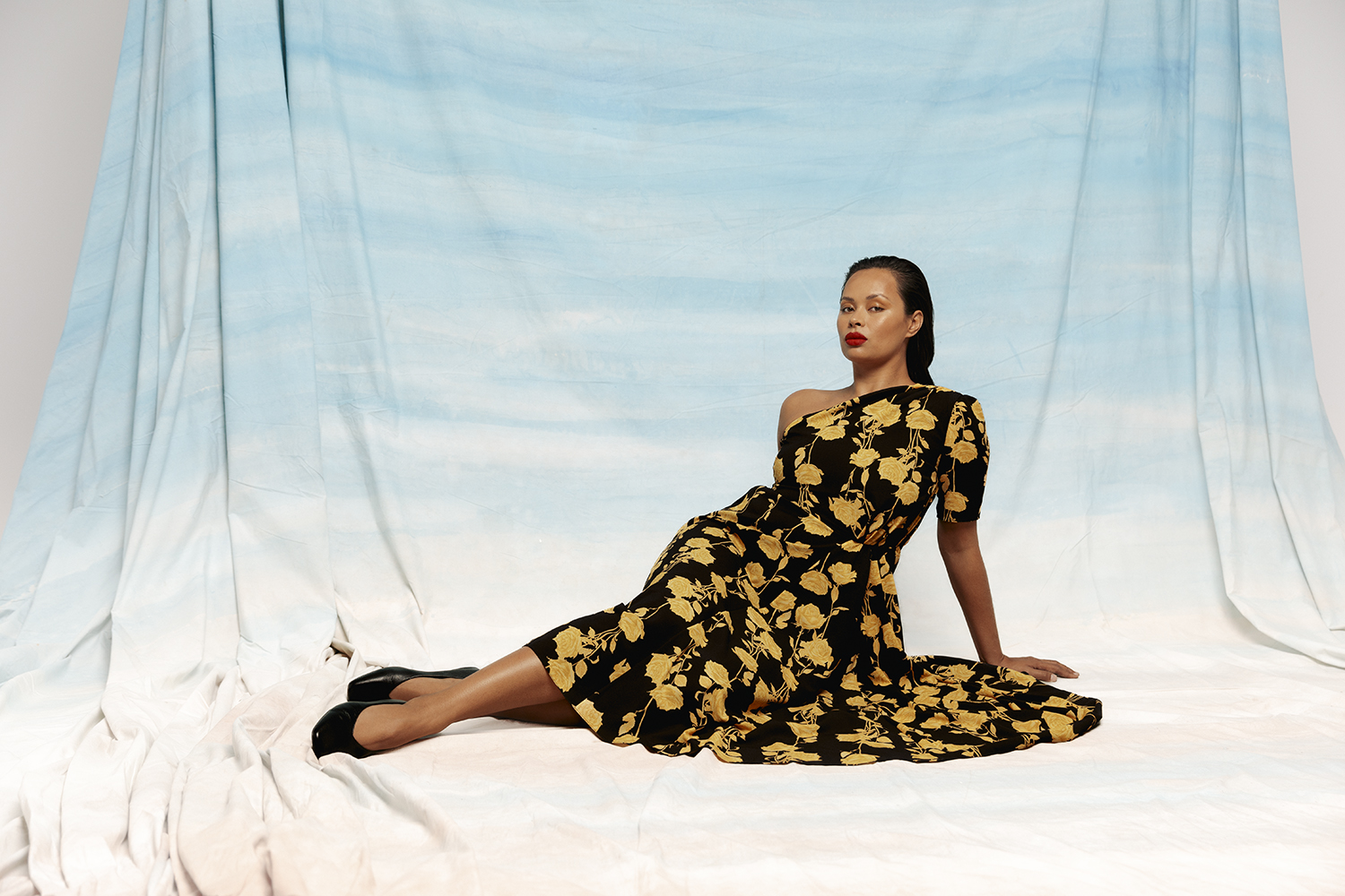 Frankie adds a modern elegance to this Emilia Wickstead dress, a designer with her own unique Polynesian heritage. Emilia Wickstead dress, $1190, from Simon James. Mi Piaci ballet flats $260. Photo / Hōhua Ropate Kurene