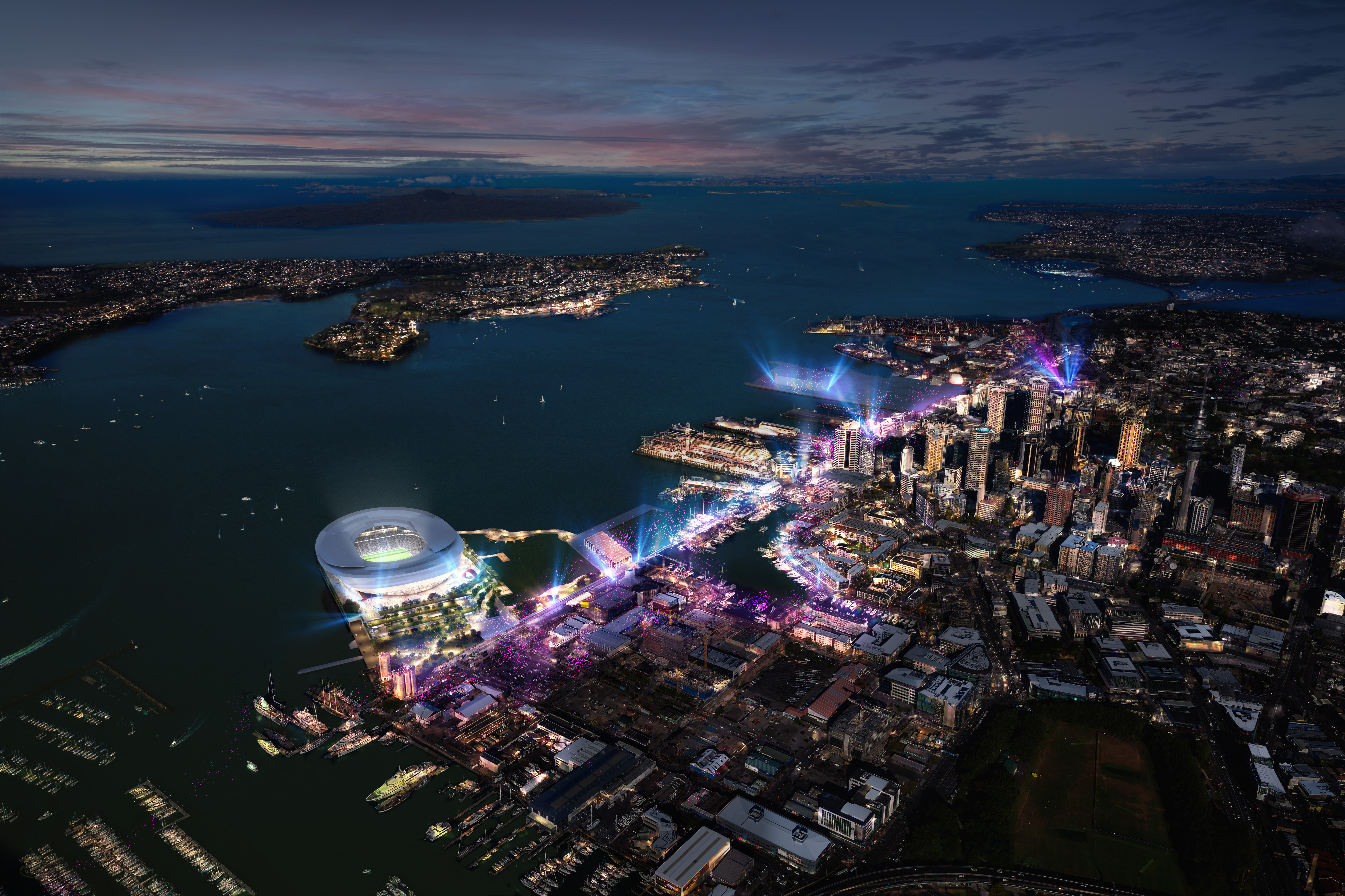 An aerial view of how the Wynard Point proposal would look on Auckland's waterfront. Image / Populous