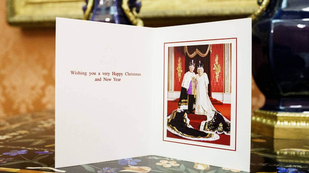 King Charles III and Queen Camilla have opted for their official Coronation photo as the photo for their card. Photo / Getty Images