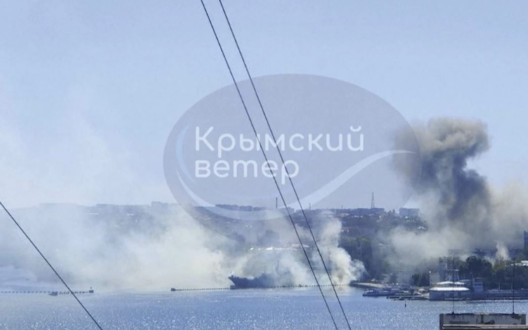 Smoke rises over the headquarters of Russia's Black Sea Fleet in Sevastopol, Crimea. Photo / AP