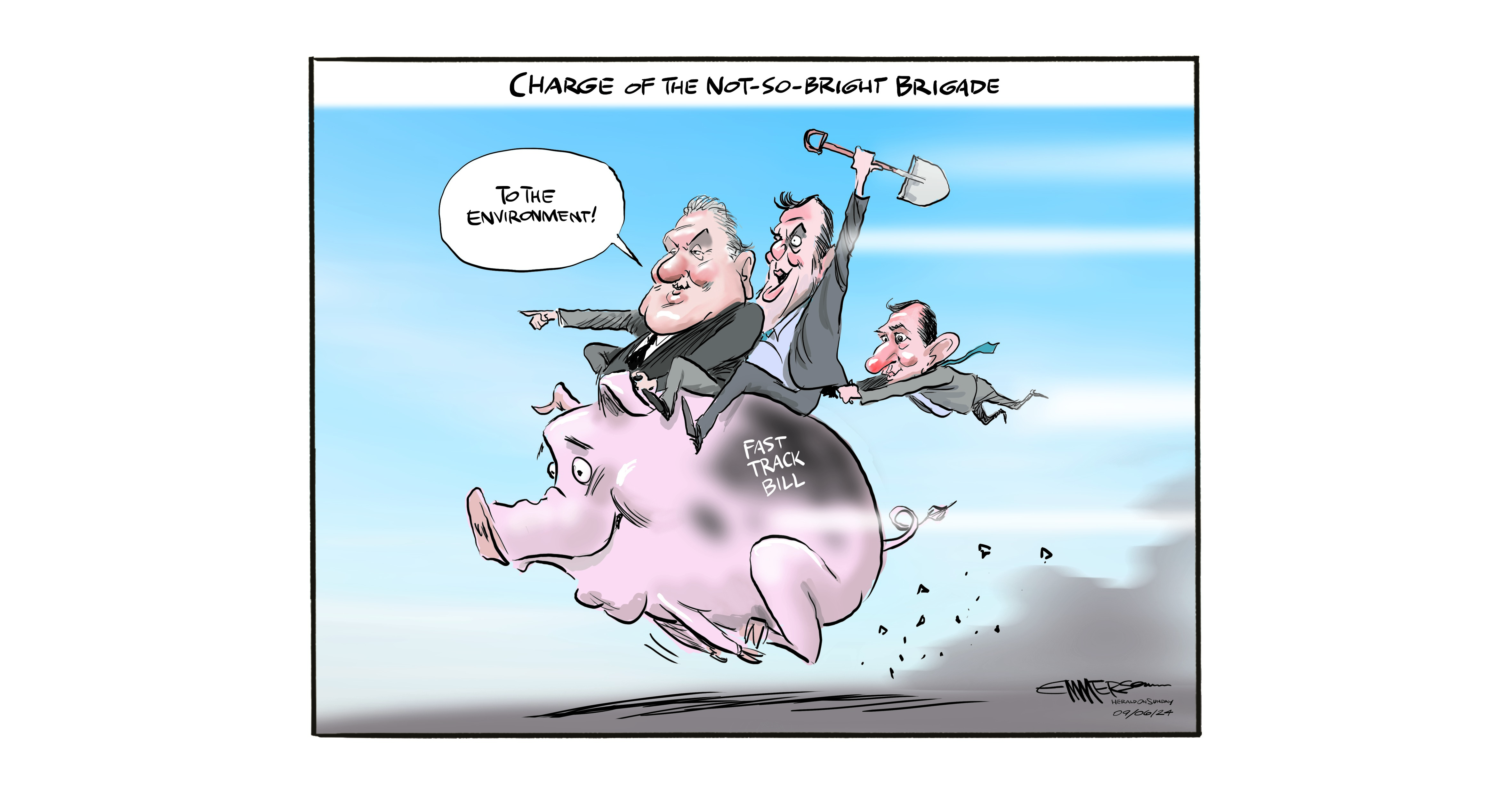 Herald cartoonist Rod Emmerson's take on the bill, which would bestow ministers Shane Jones, Chris Bishop and Simeon Brown the ability to decide which projects are put on the fast-track path.