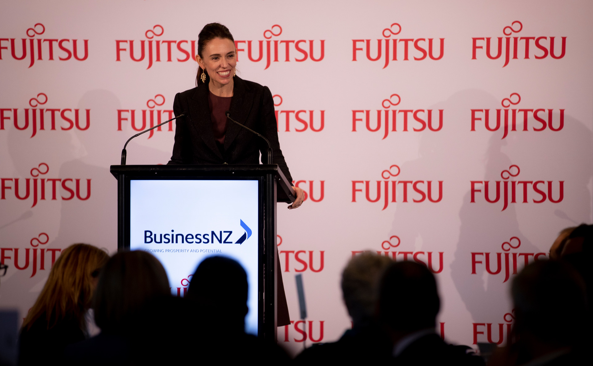 Prime Minister Jacinda Ardern during a pre-Budget lunch hosted by Business NZ, held at Eden Park. 13 May 2021 New Zealand Herald photograph by Dean Purcell.