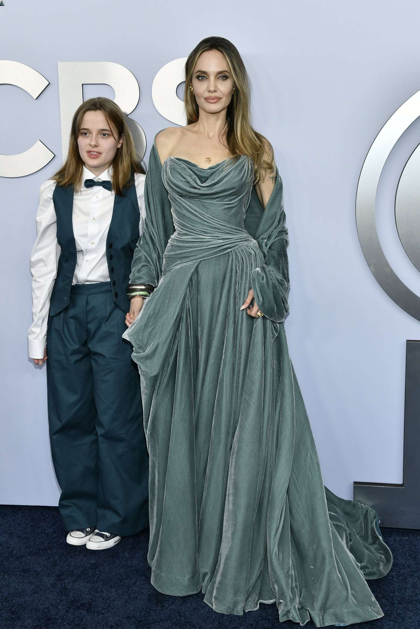 Vivienne Jolie-Pitt and Angelina Jolie arrive at the 77th Tony Awards. Photo / AP