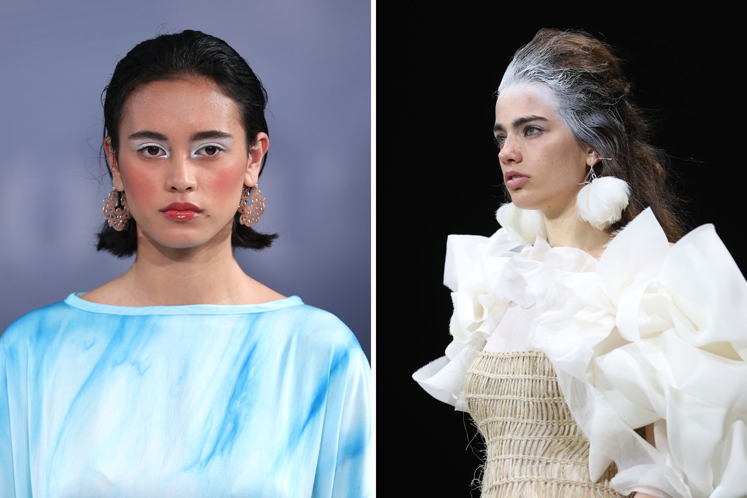 Left to right: Silver streaked eyes at Kaistor St. A dusting of silver hairspray over a model's hairline at Kiri Nathan. Photos / Getty Images