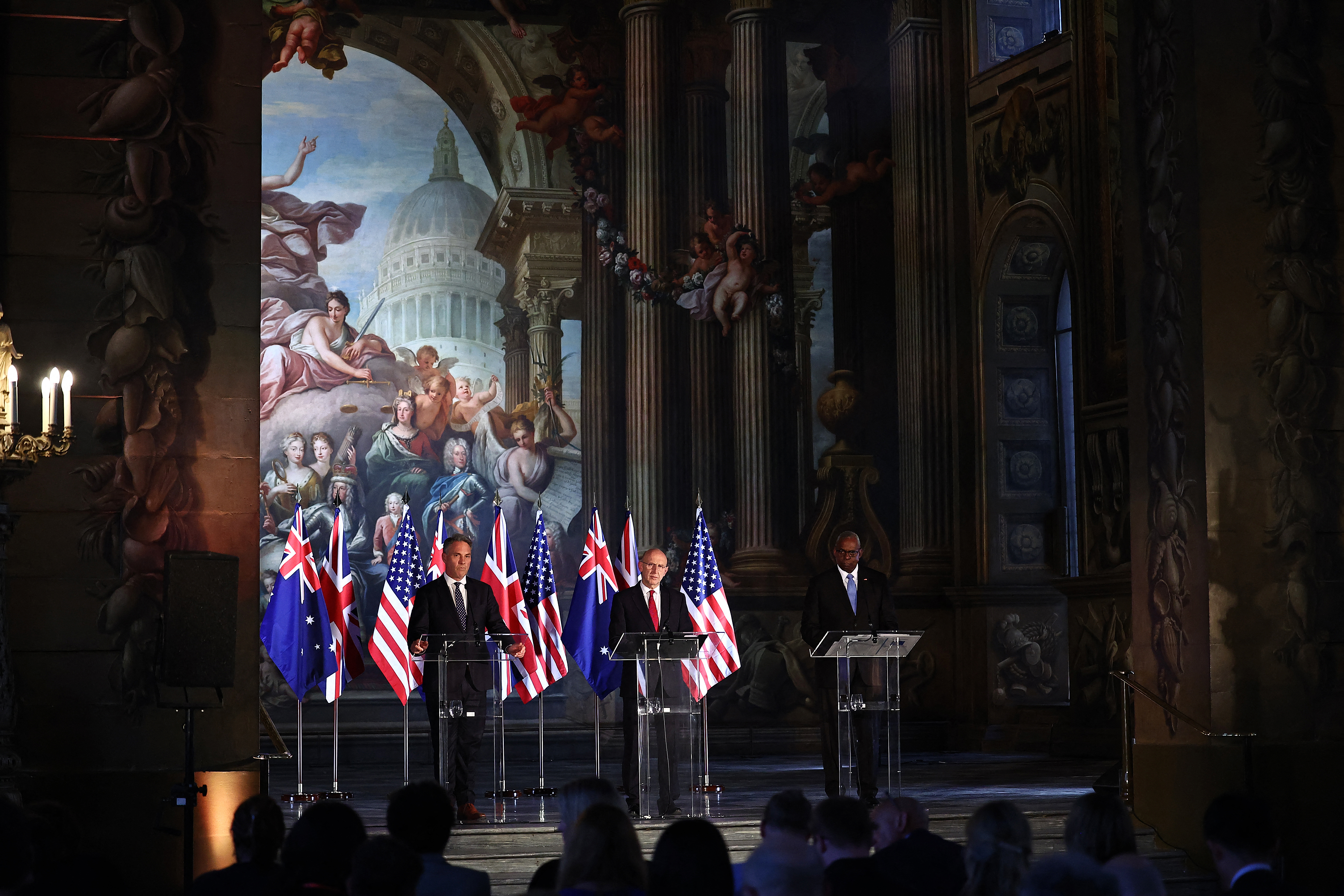 Close allies: Defence ministers for Australia (Richard Marles), Britain (John Healey) and the US (Lloyd Austin) met in London in September to progress Aukus talks. Photo / Getty Images