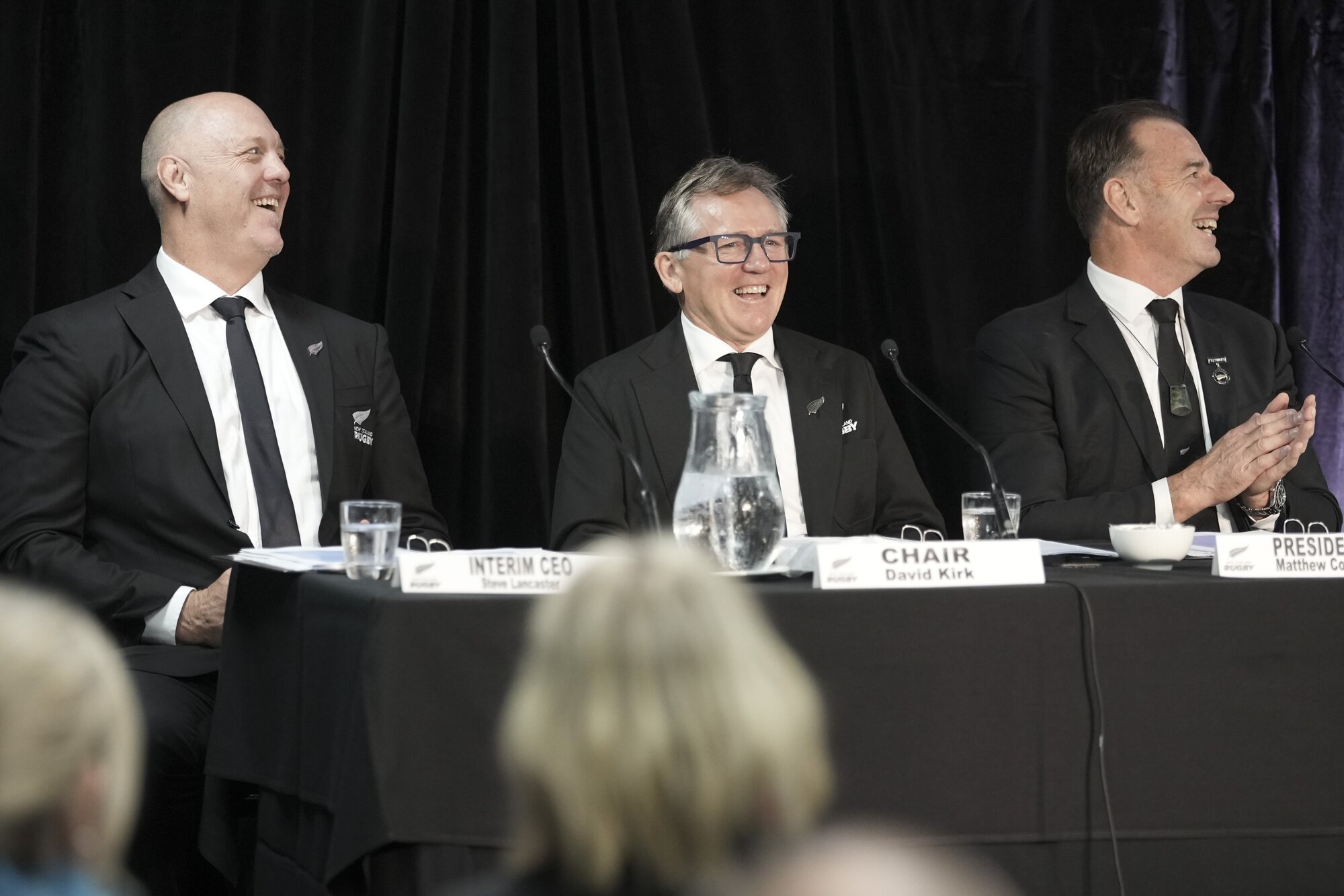 New Zealand Rugby leaders: CEO Steve Lancaster, board chair David Kirk and president Matthew Cooper. Photo / SmartFrame