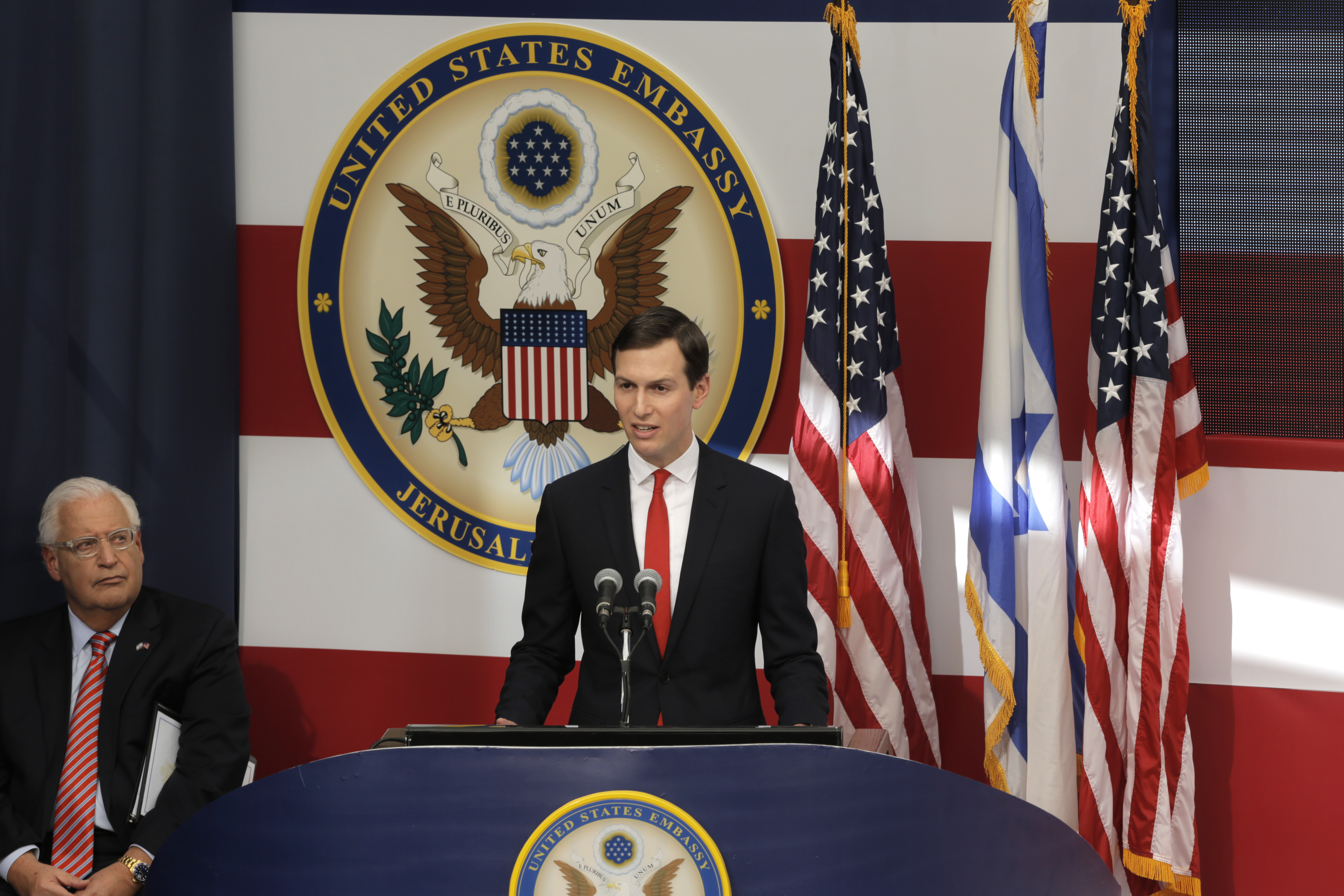 Jared Kushner gave a speech during the opening ceremony of the new US embassy. Photo / AP 