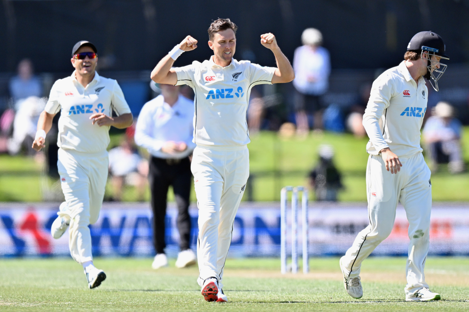 Trent Boult celebrates after dismissing Liton Das during day two of the second test. Photo / Getty