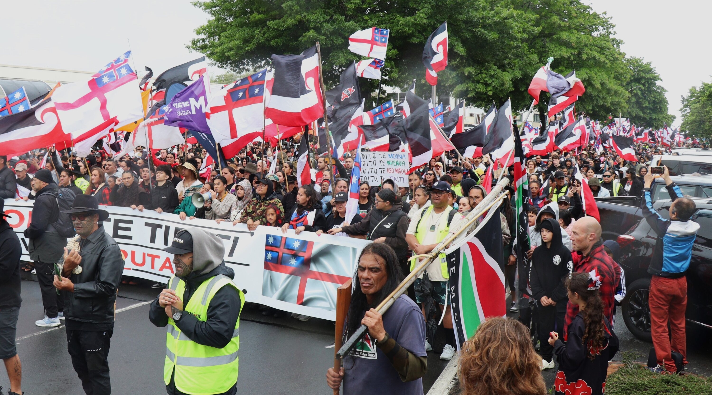 Hīkoi mo te Tiriti marches up Rotorua’s Fenton St on Friday. Photo / Ben Fraser