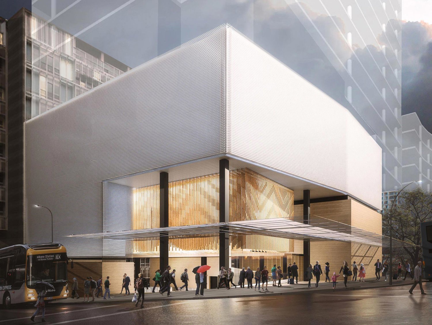 An artist's impression of the Aotea station on the site of the old Griffiths Building and Bledisloe House car park. Image / City Rail Link Ltd