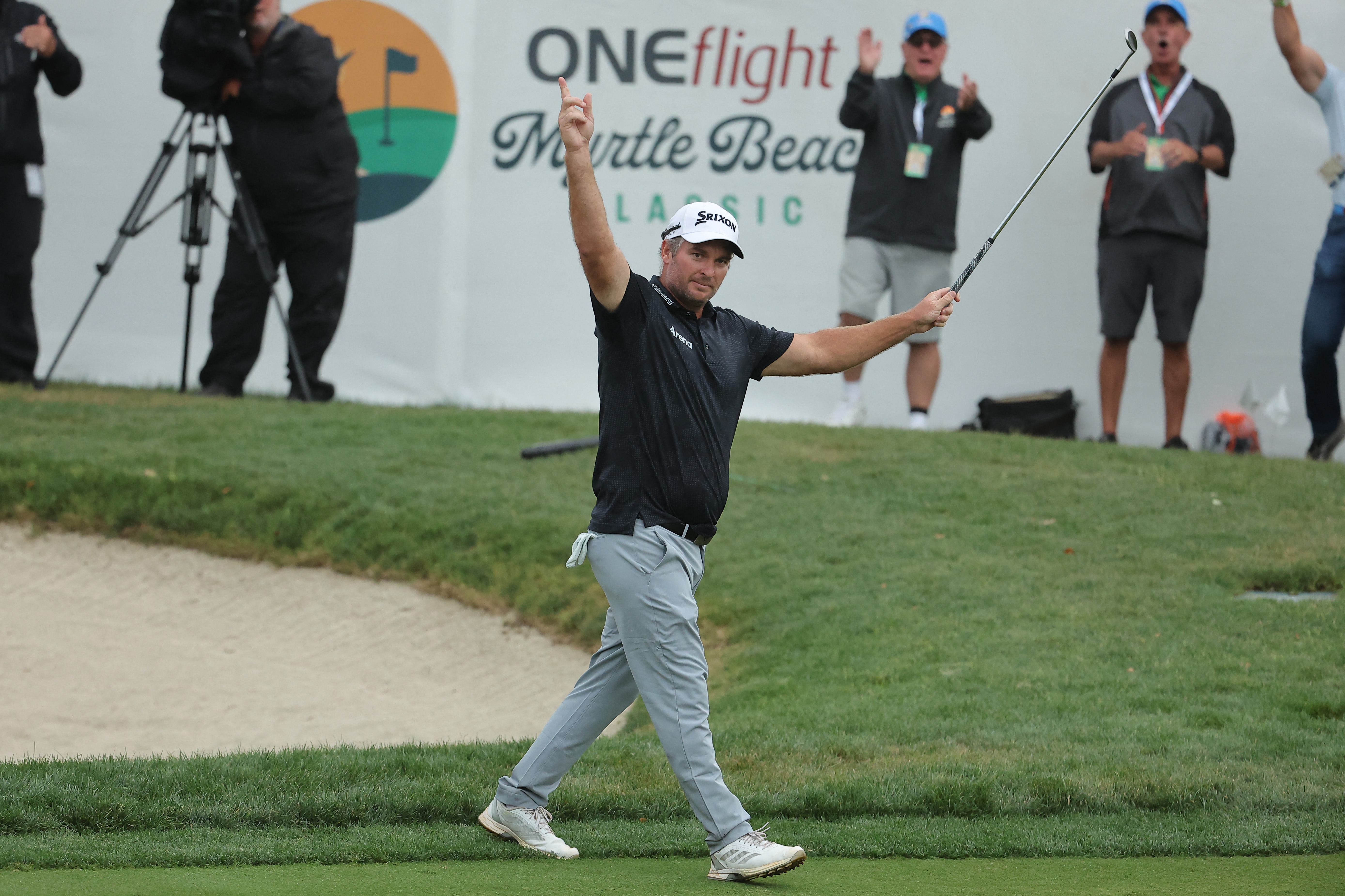Ryan Fox reacts after chipping in on the 18th green. Photo / Jonathan Bachman / Getty Images via AFP