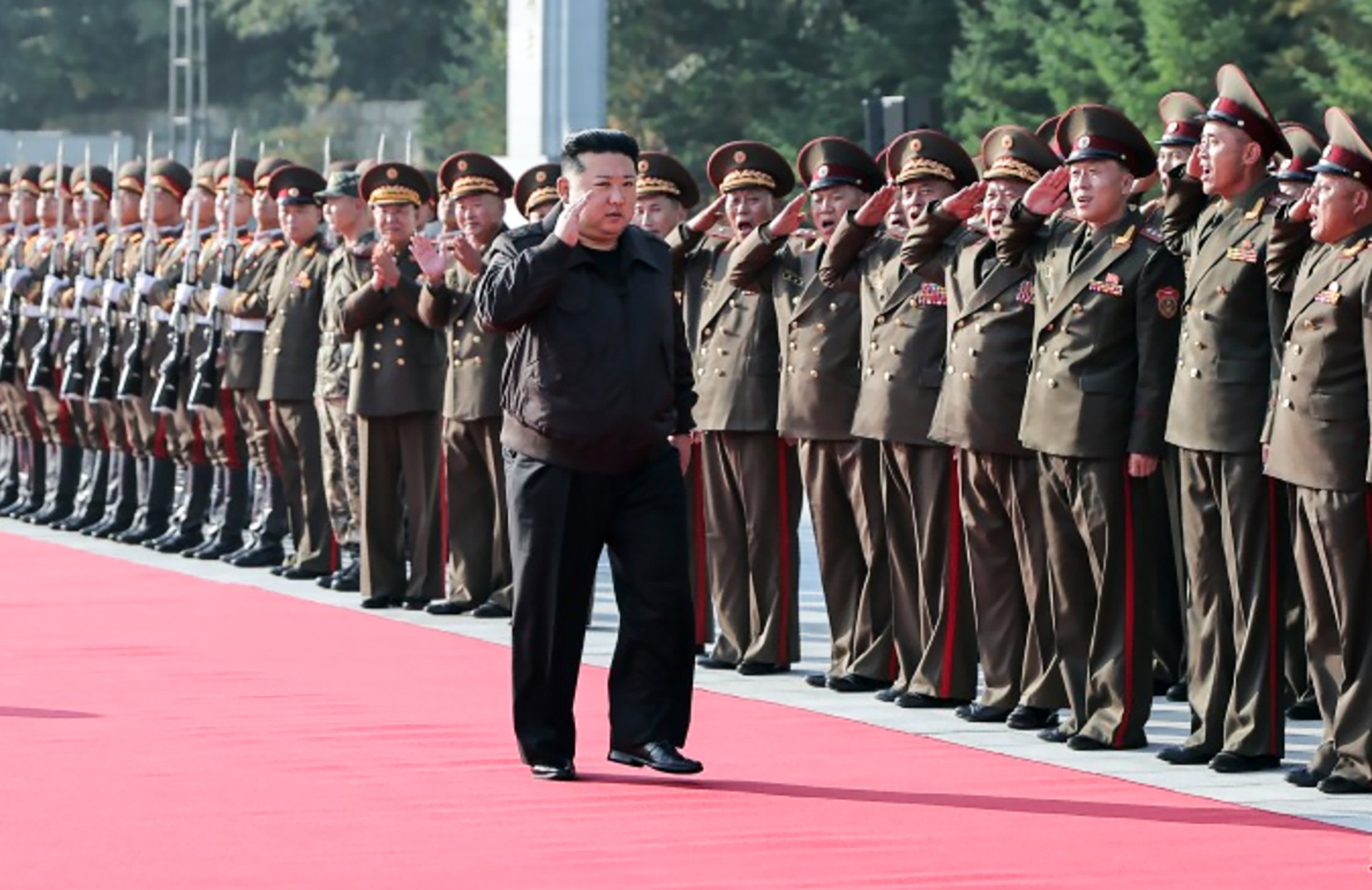 Kim Jong Un inspecting North Korean troops in October. The Royal NZ Navy ship HMNZS Aotearoa has been involved with a mission tracking ships suspected to be smuggling oil to the pariah state. Photo / KCNA

