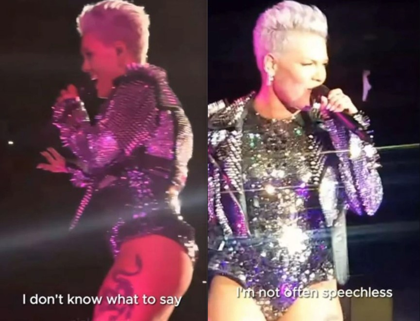 Pink had a chuckle after reading a very bold sign in the crowd of her Melbourne show. Photo / Instagram @pink_fanclub